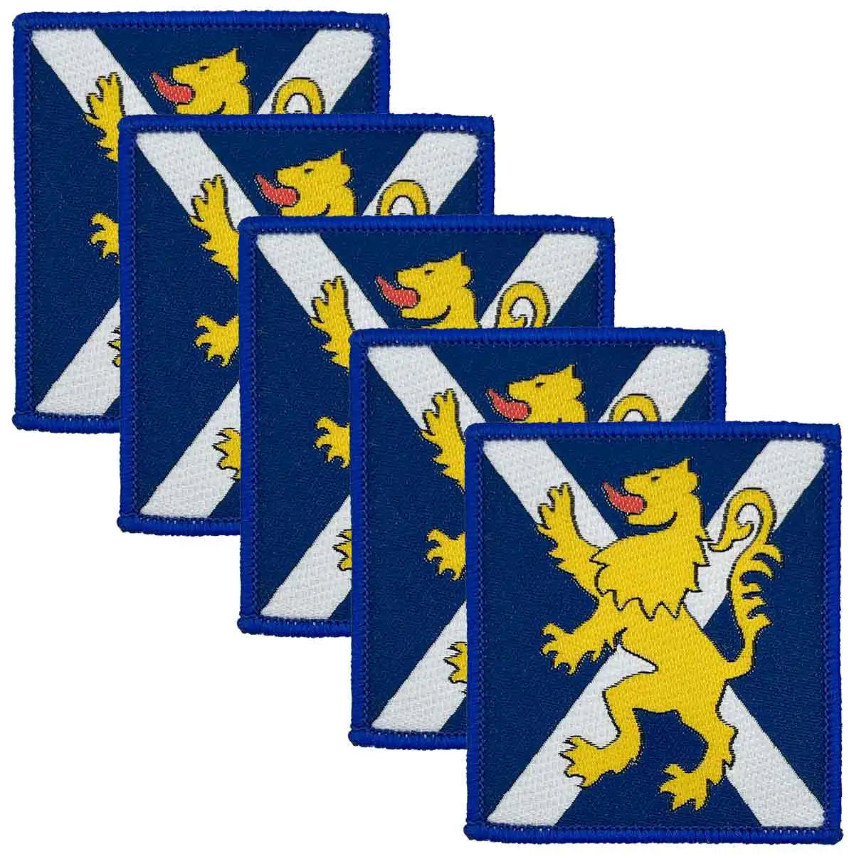 Set of five Royal Regiment of Scotland TRF patches in blue with Scottish flag and lion emblem, hook & loop backing for military uniforms. Blue (Coloured) from  John Bull Clothing 