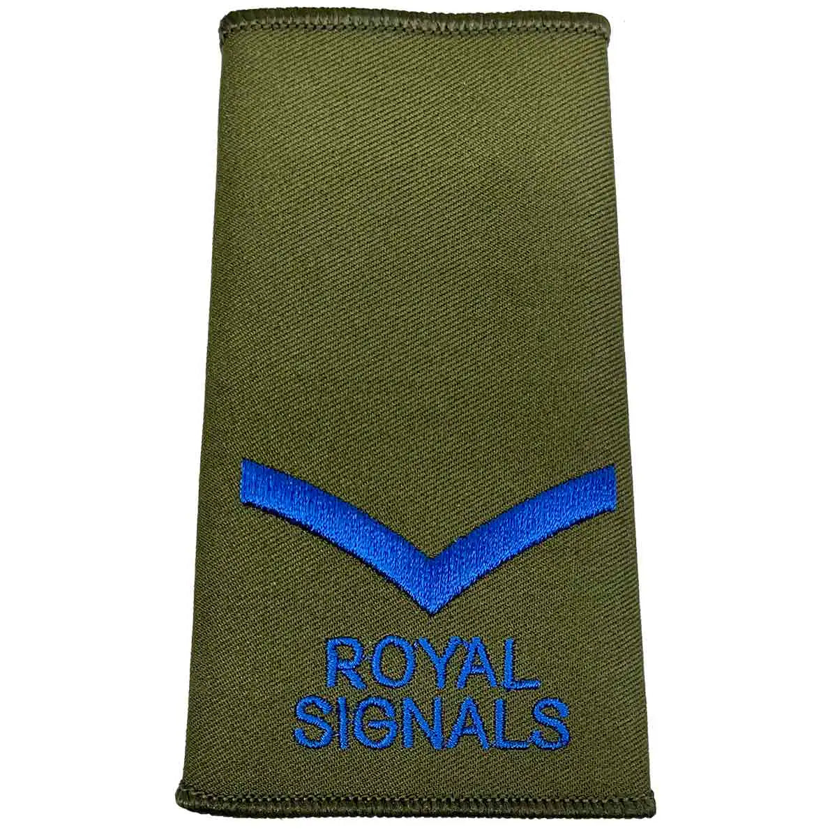Royal Signals Olive Green Rank Slide with single chevron and blue embroidery, representing Lance Corporal rank in military uniforms. Lance Corporal from  John Bull Clothing 