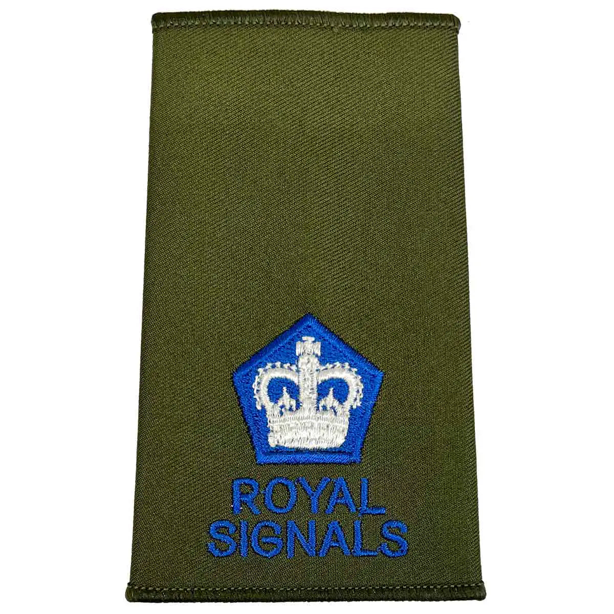 Royal Signals Olive Green Rank Slide with blue pentagon and white crown, denoting Major rank for military dress.  from  John Bull Clothing 