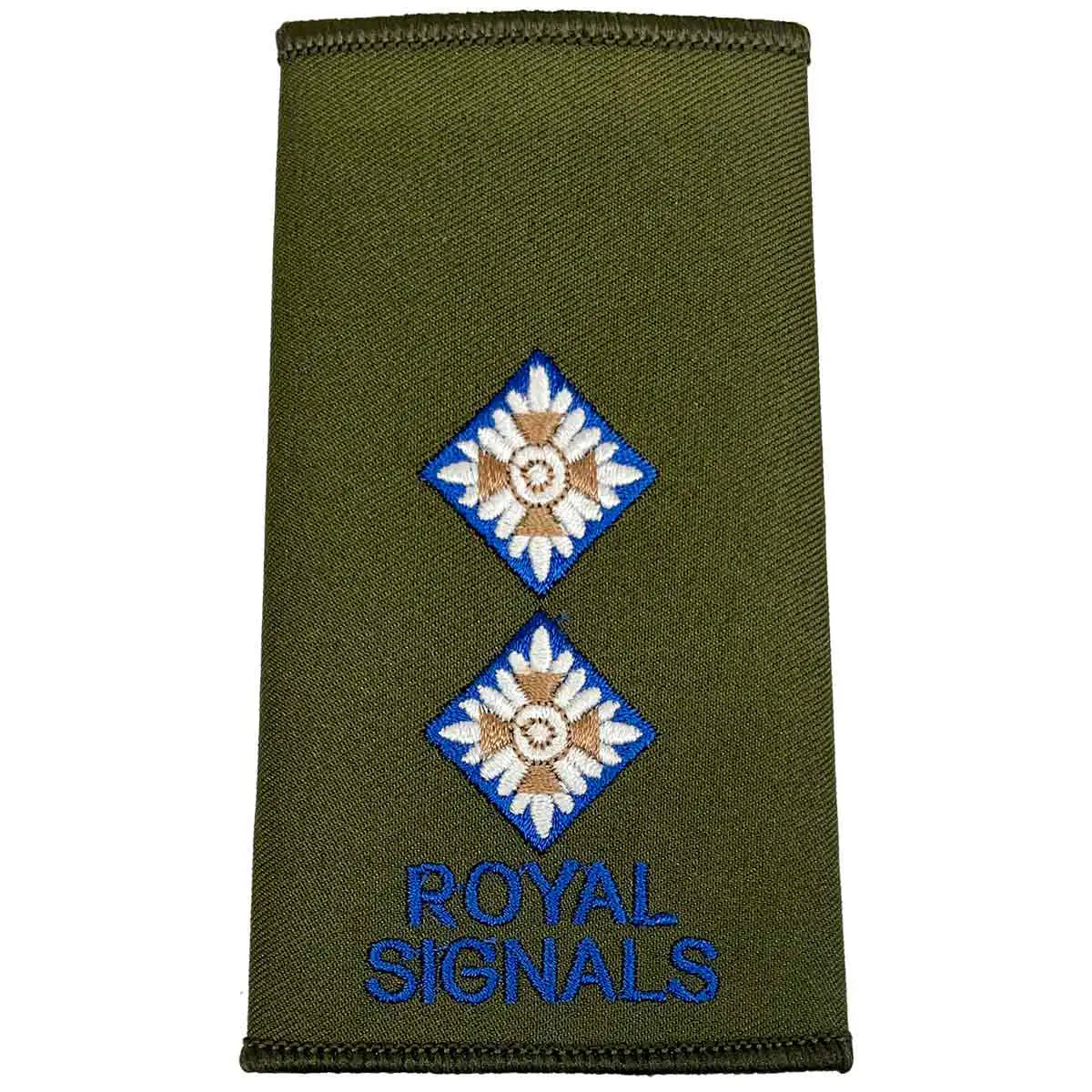 Royal Signals Olive Green Rank Slide with two diamond pips and blue embroidery, representing Lieutenant rank. LT from  John Bull Clothing 
