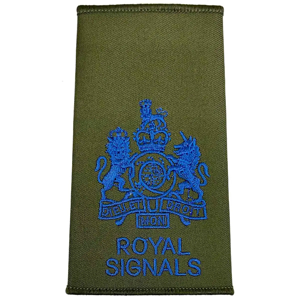 Royal Signals Olive Green Rank Slide with full royal coat of arms in blue embroidery, used for senior military ranks.  from  John Bull Clothing 