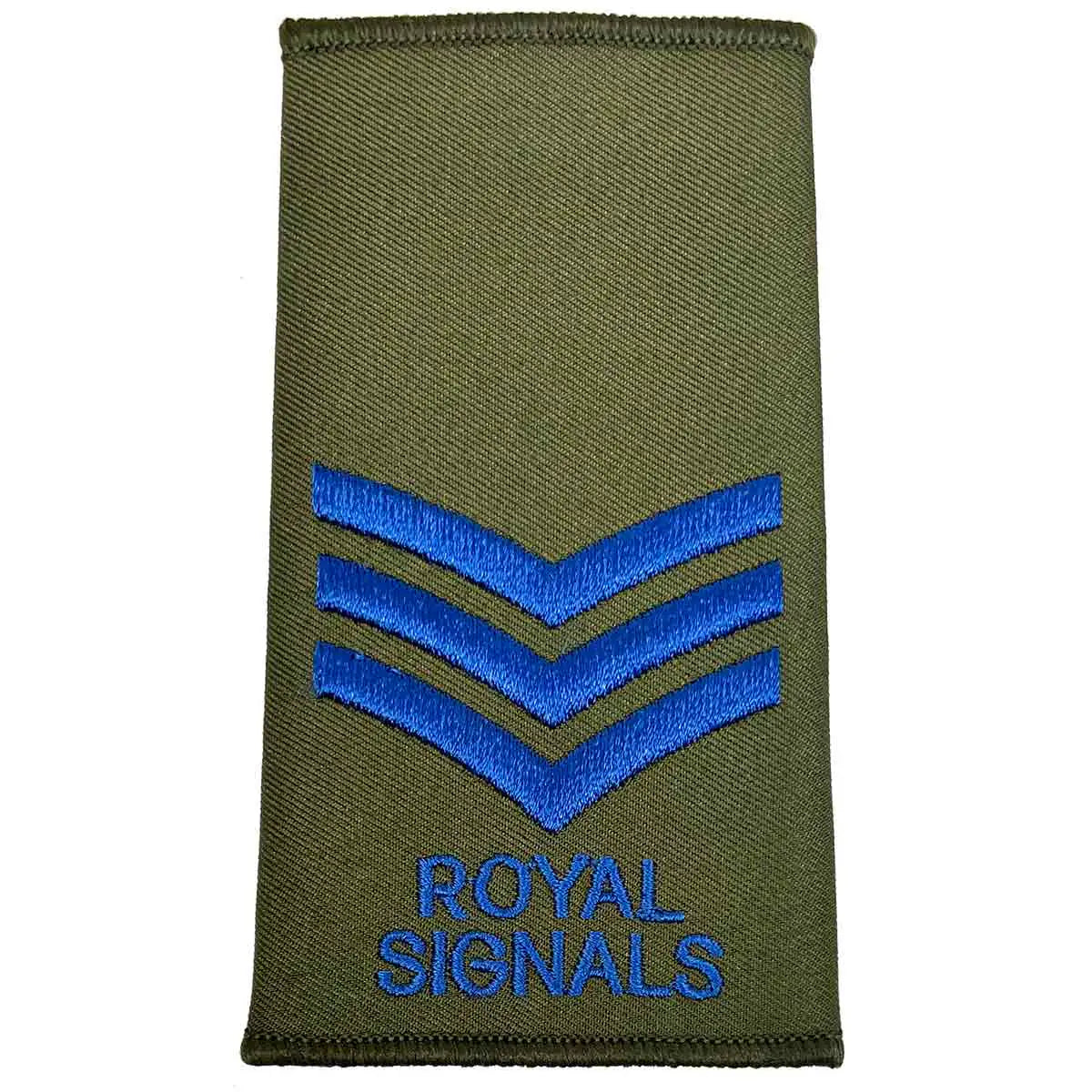 Royal Signals Olive Green Rank Slide with three blue chevrons, denoting Sergeant rank, crafted for military apparel. Sergeant from  John Bull Clothing 