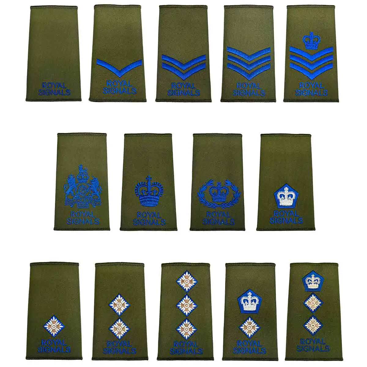 Full set of Royal Signals Rank Slides Olive Green (Pair) with blue embroidered insignia for various military ranks, ideal for uniform display.  from  John Bull Clothing 