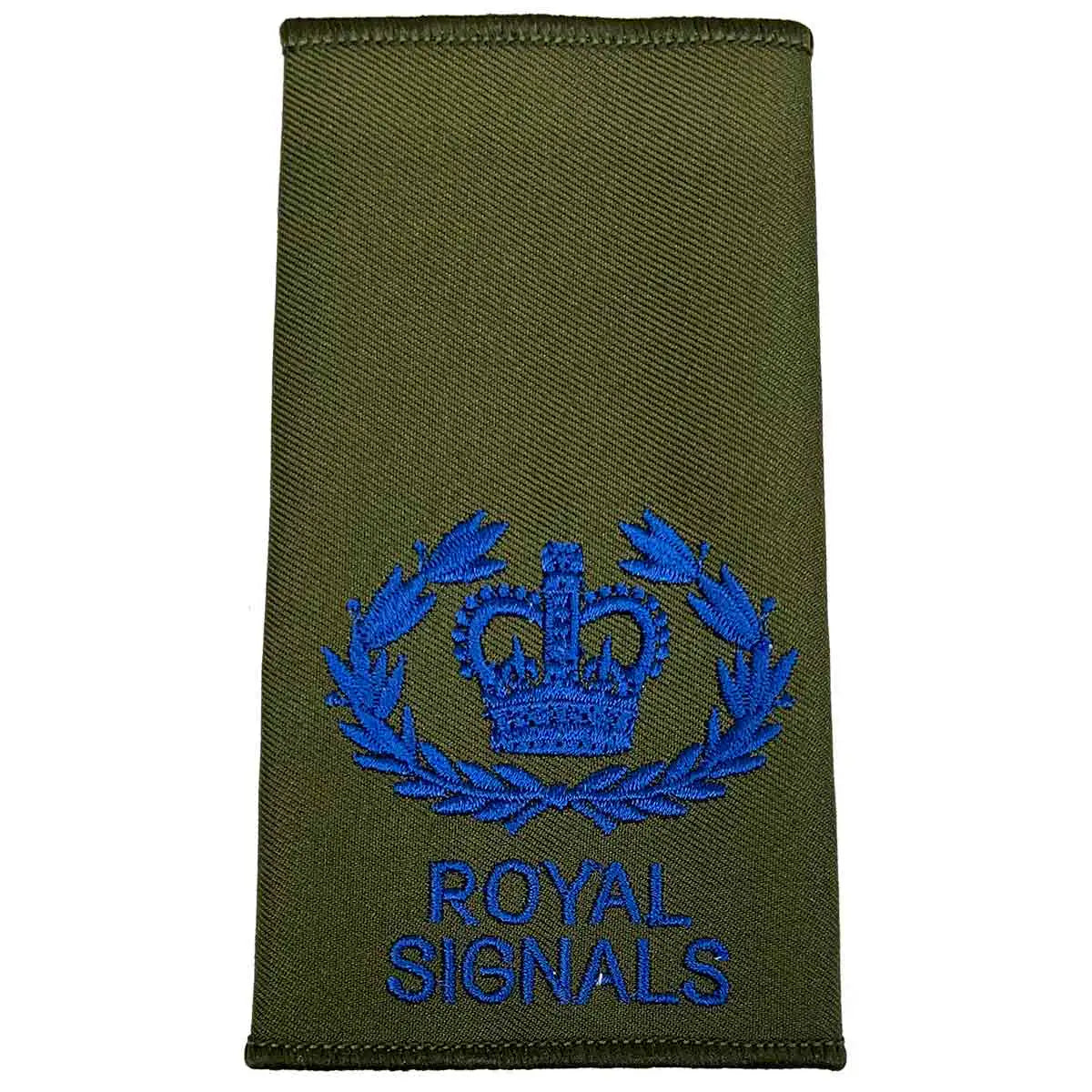 Royal Signals Olive Green Rank Slide with laurel and crown in blue embroidery, representing Warrant Officer Class 1 rank.  from  John Bull Clothing 
