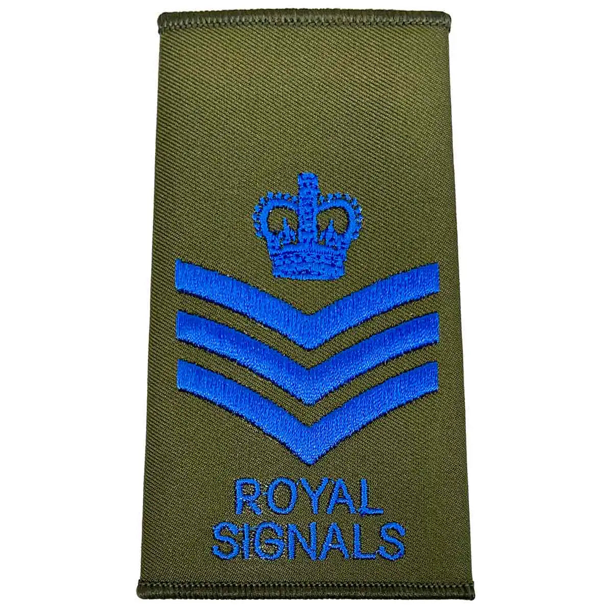 Royal Signals Olive Green Rank Slide with crown and three chevrons in blue, representing Staff Sergeant rank for military uniforms. Staff Sergeant from  John Bull Clothing 
