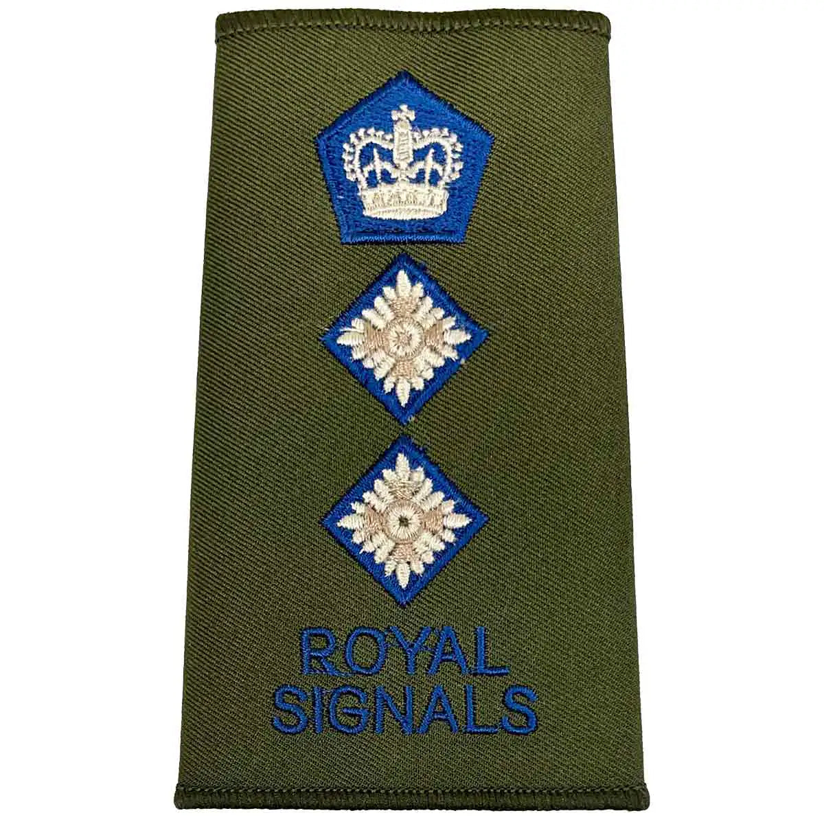 Royal Signals Olive Green Rank Slide with two diamond pips and crown, indicating Lieutenant Colonel rank in military uniforms. Colonel from  John Bull Clothing 
