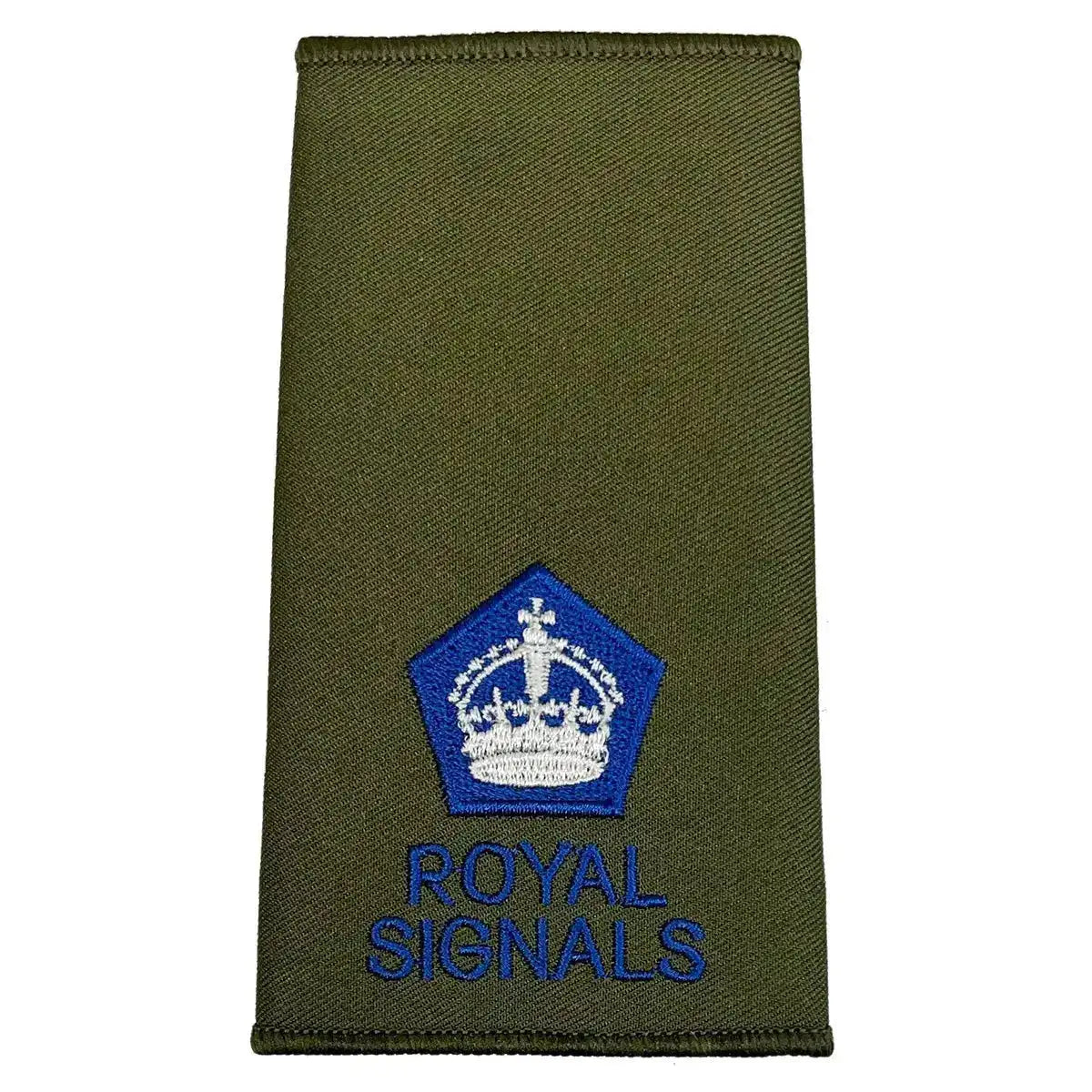 Royal Signals Olive Green Rank Slide with white crown in blue pentagon, indicating General rank for military uniforms. Kings Crown - Major from  John Bull Clothing 