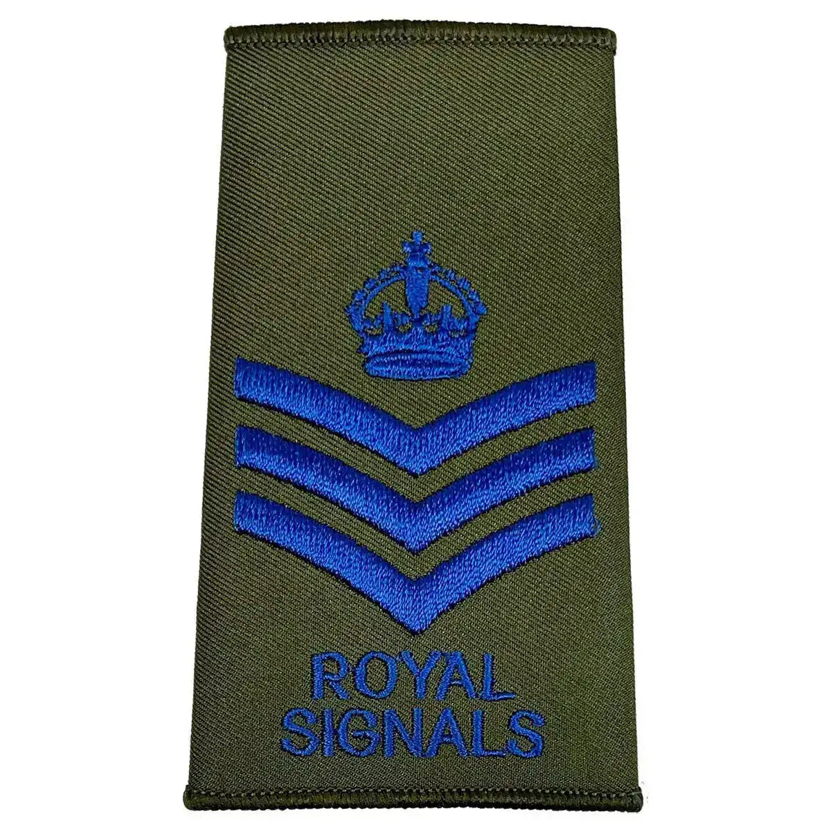 Royal Signals Olive Green Rank Slide with crown and three chevrons in blue, representing Colour Sergeant rank. Kings Crown - Staff Sergeant from  John Bull Clothing 
