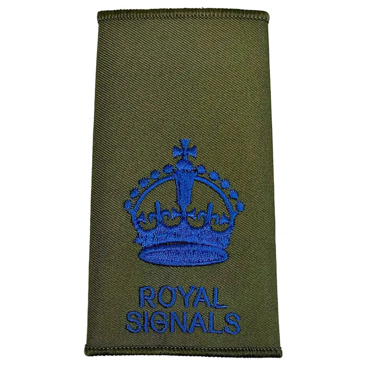 Royal Signals Olive Green Rank Slide with blue crown embroidery, suitable for senior non-commissioned military ranks. Kings Crown - WO2 Large Crown from  John Bull Clothing 