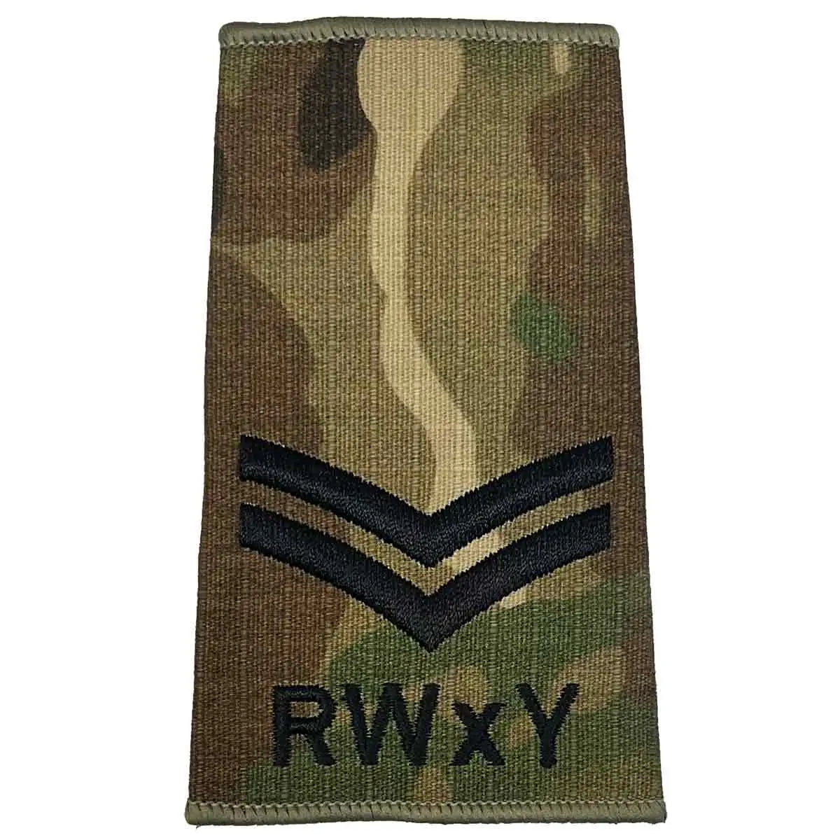 Royal Wessex Yeomanry RWxY rank slide with two black chevrons on Multicam backing, suitable for corporal rank in military attire. Corporal from  John Bull Clothing 