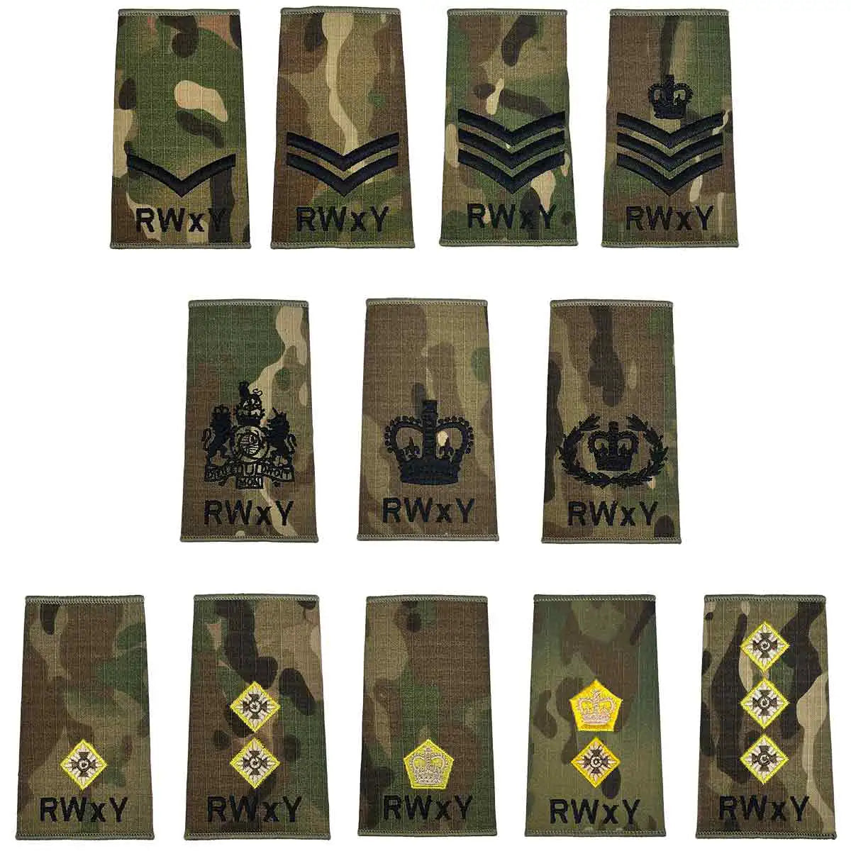 Royal Wessex Yeomanry RWxY rank slides in Multicam with various embroidered insignia for military uniforms, sold in matching pairs.  from  John Bull Clothing 