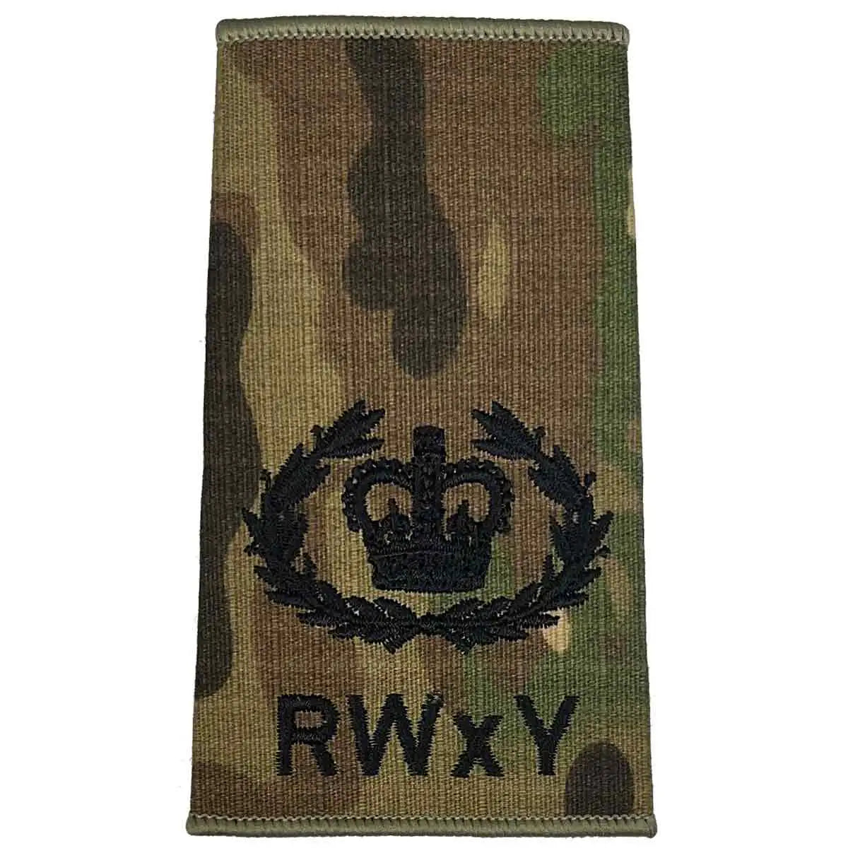 RWxY Multicam rank slide with crown and laurel wreath embroidery, representing senior officer status in military uniforms. WO2 RQMS - Crown & Laurel Wreath from  John Bull Clothing 