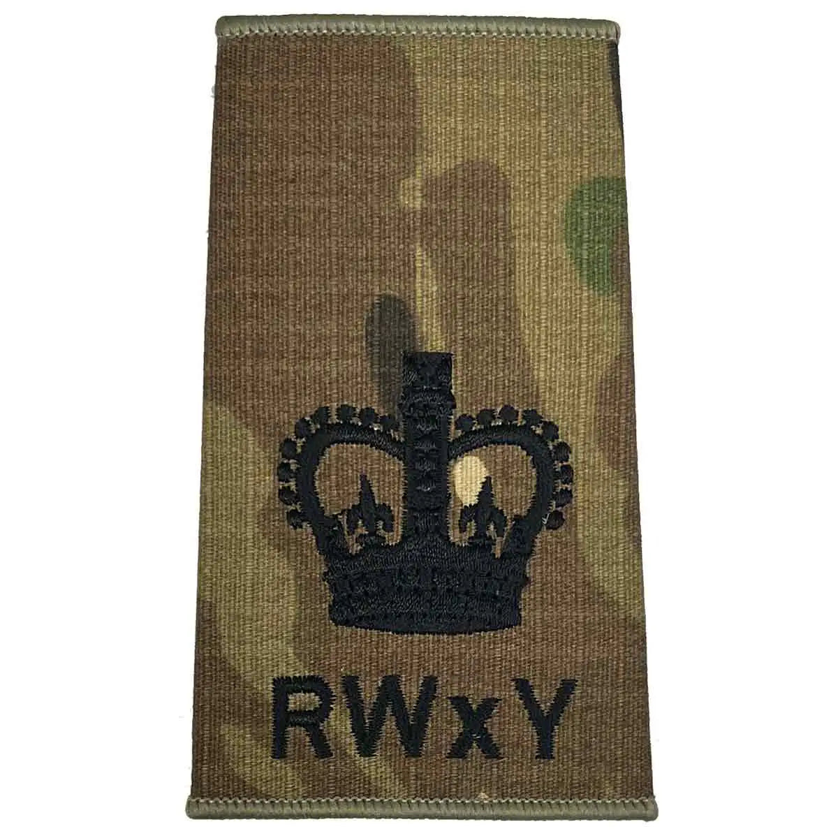 Royal Wessex Yeomanry rank slide with black crown embroidery on Multicam, indicating officer rank in military dress. WO2 - Large Crown from  John Bull Clothing 