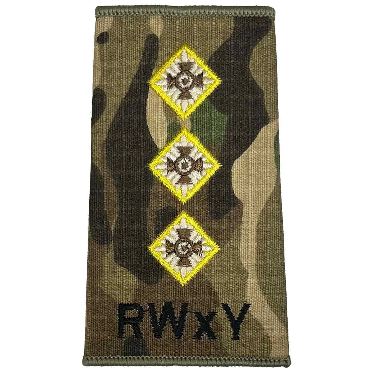 Royal Wessex Yeomanry rank slide with three gold stars on Multicam, indicating senior officer rank in military apparel. Captain from  John Bull Clothing 
