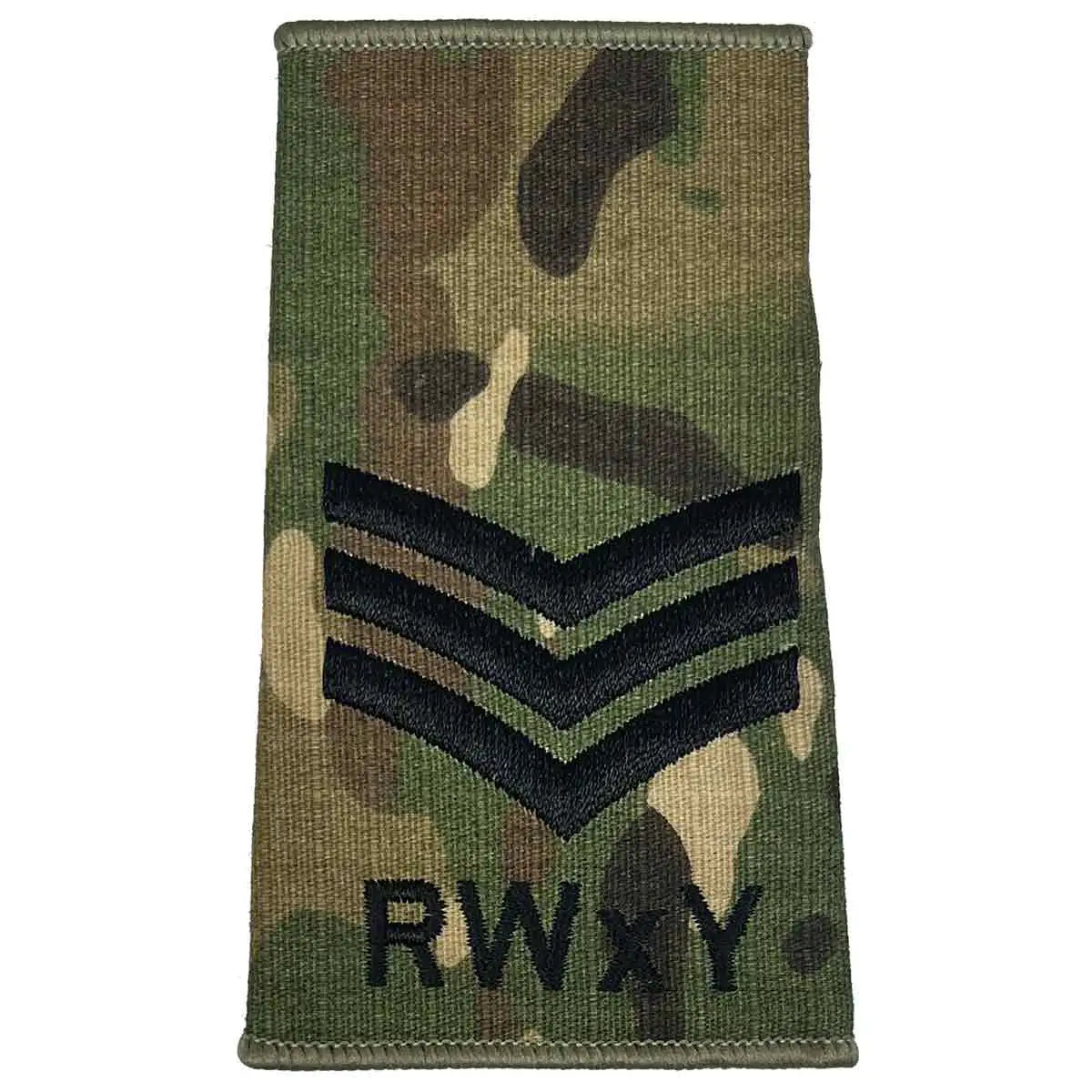 RWxY Multicam rank slide with three black chevrons, representing sergeant rank in Royal Wessex Yeomanry military uniforms. Sergeant from  John Bull Clothing 