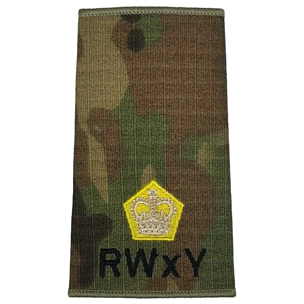 RWxY Multicam rank slide with gold crown embroidery, denoting high-ranking officer status in Royal Wessex Yeomanry uniforms. Major from  John Bull Clothing 
