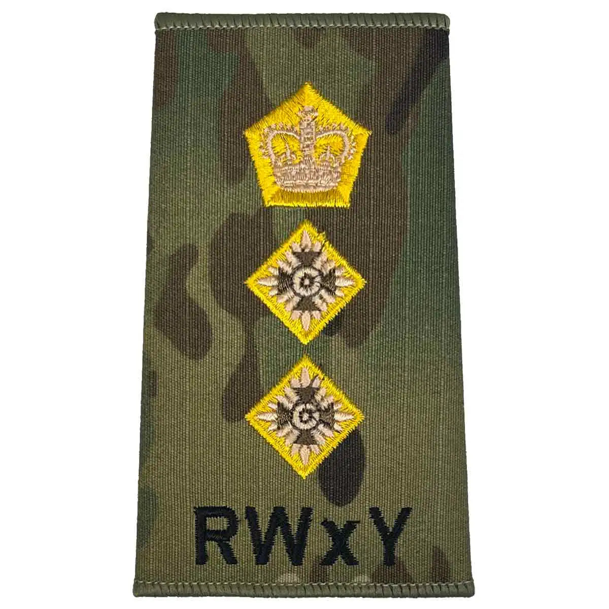 RWxY Multicam rank slide with gold crown and two stars, representing high-ranking officer insignia in military uniforms. Colonel from  John Bull Clothing 
