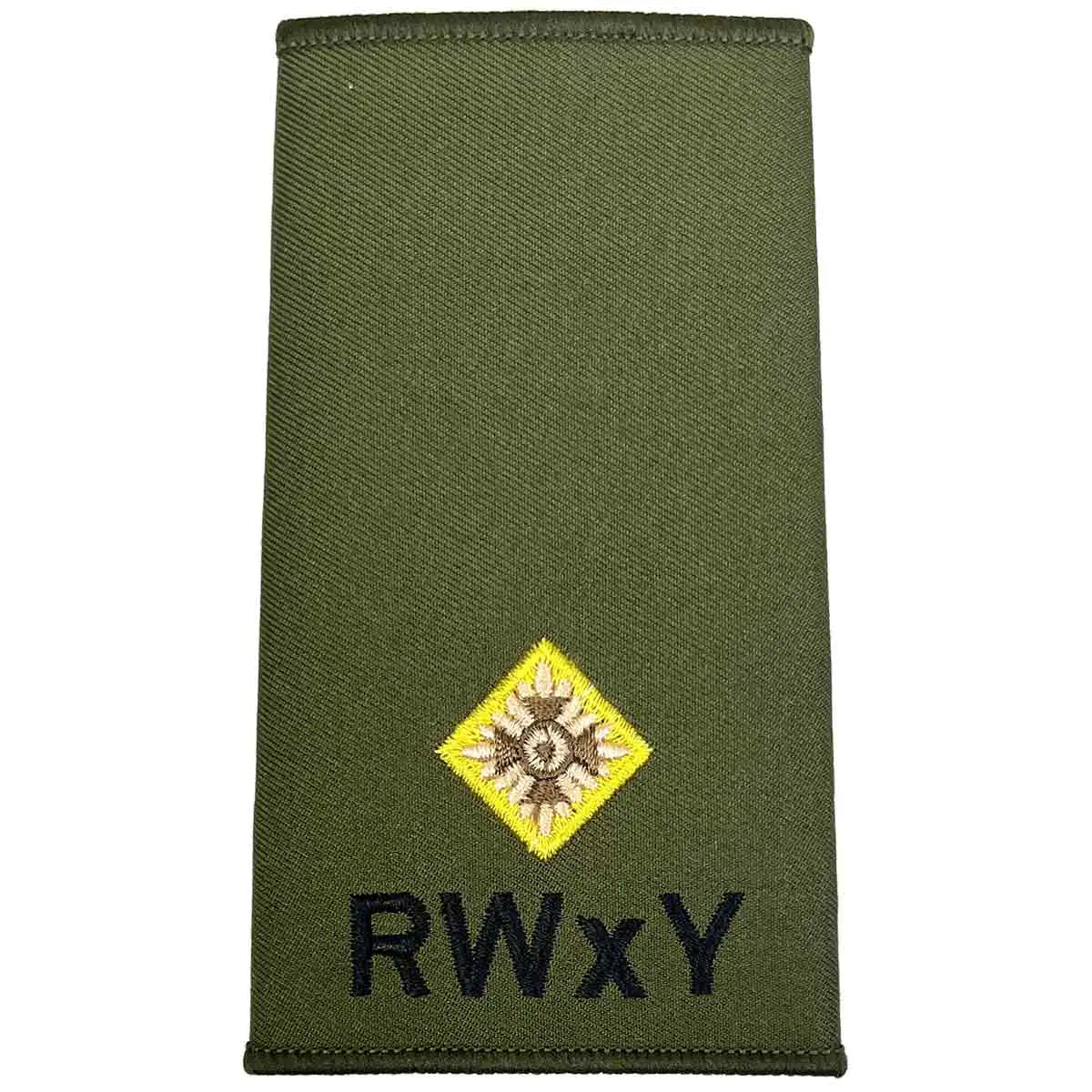 Single Royal Wessex Yeomanry olive green rank slide featuring one embroidered star and RWxY text, ideal for military uniform use. 2nd LT from  John Bull Clothing 