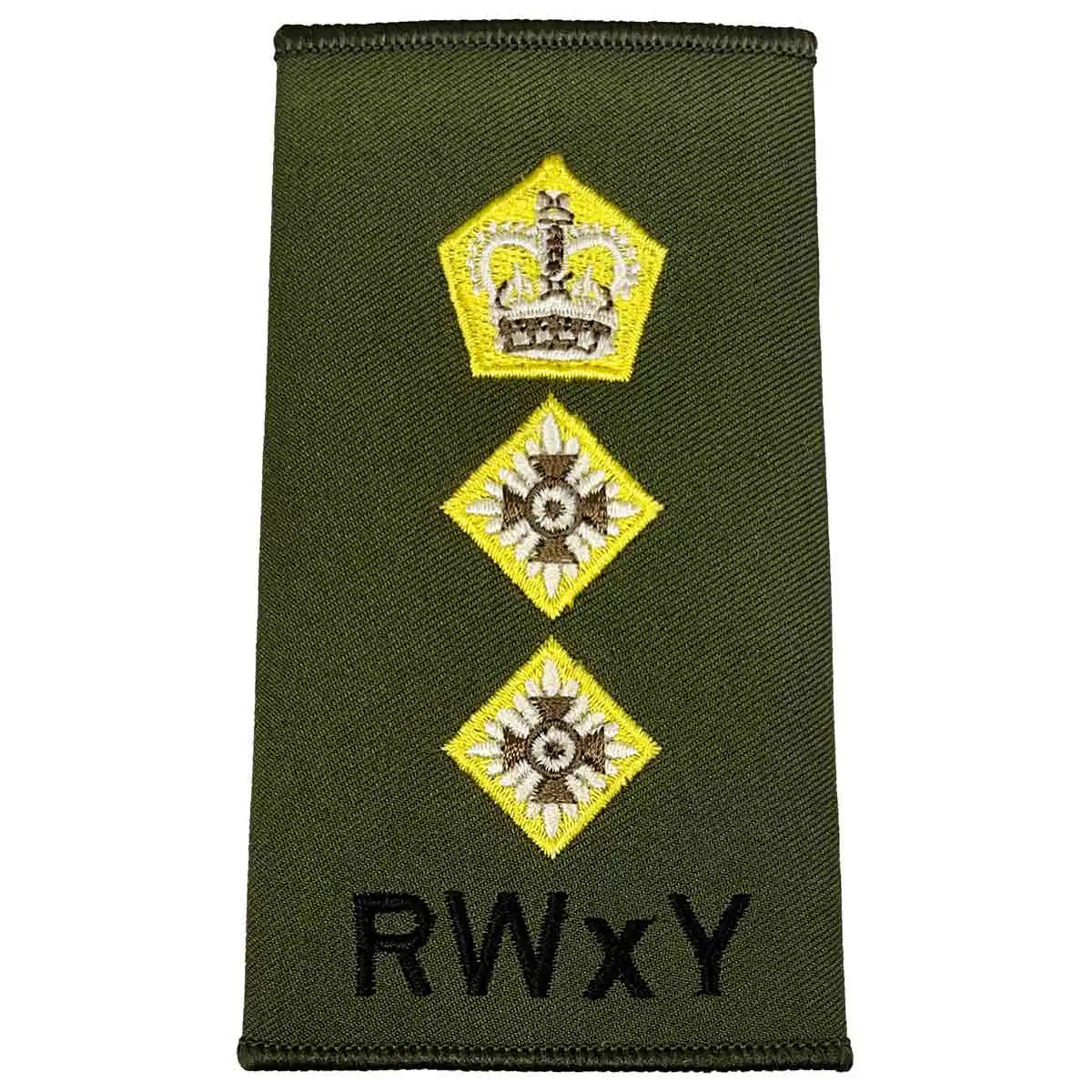 Olive green Royal Wessex Yeomanry rank slide with crown and two stars, embroidered with RWxY text for military uniform use. Colonel from  John Bull Clothing 