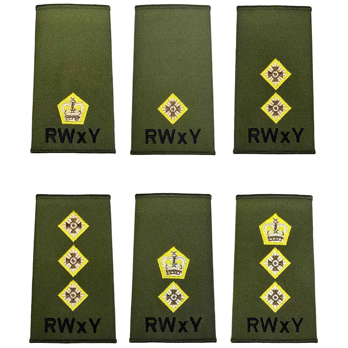 Royal Wessex Yeomanry Rank Slides Olive Green with embroidered insignia in various ranks, sold in pairs for military uniforms at John Bulls.  from  John Bull Clothing 