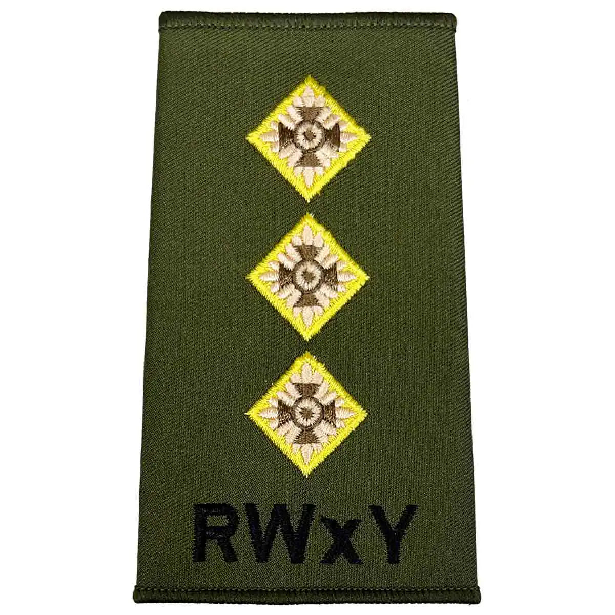 Triple-star Royal Wessex Yeomanry rank slide in olive green with RWxY text, suitable for military uniforms and made from Cordura. Captain from  John Bull Clothing 