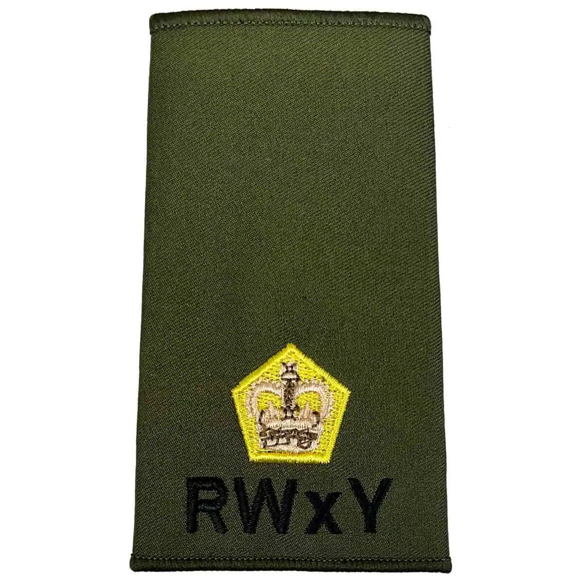 Olive green Royal Wessex Yeomanry rank slide with gold crown insignia and RWxY text, made from durable Cordura fabric. Major from  John Bull Clothing 