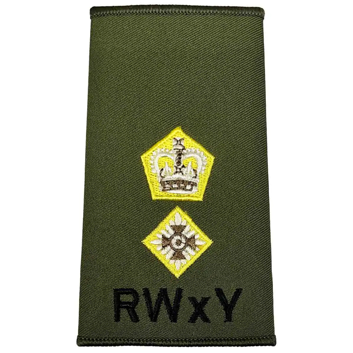 Royal Wessex Yeomanry olive green rank slide with crown and star embroidery, featuring RWxY text for military uniform identification. LT Colonel from  John Bull Clothing 
