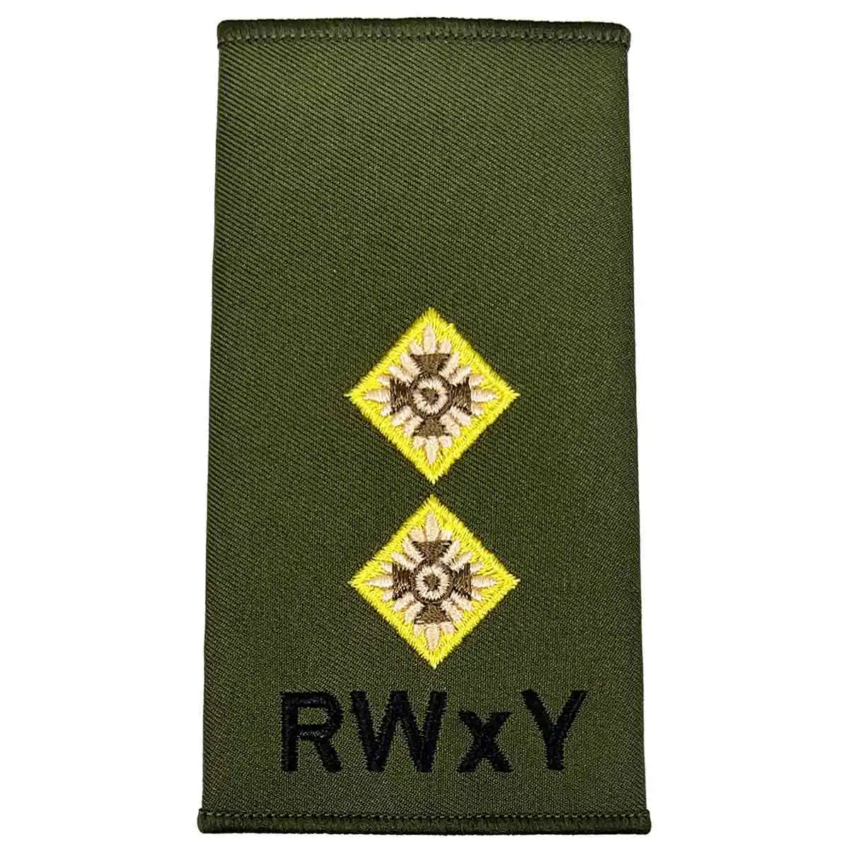 Royal Wessex Yeomanry olive green rank slide with two embroidered stars and RWxY text, crafted for military apparel. LT from  John Bull Clothing 