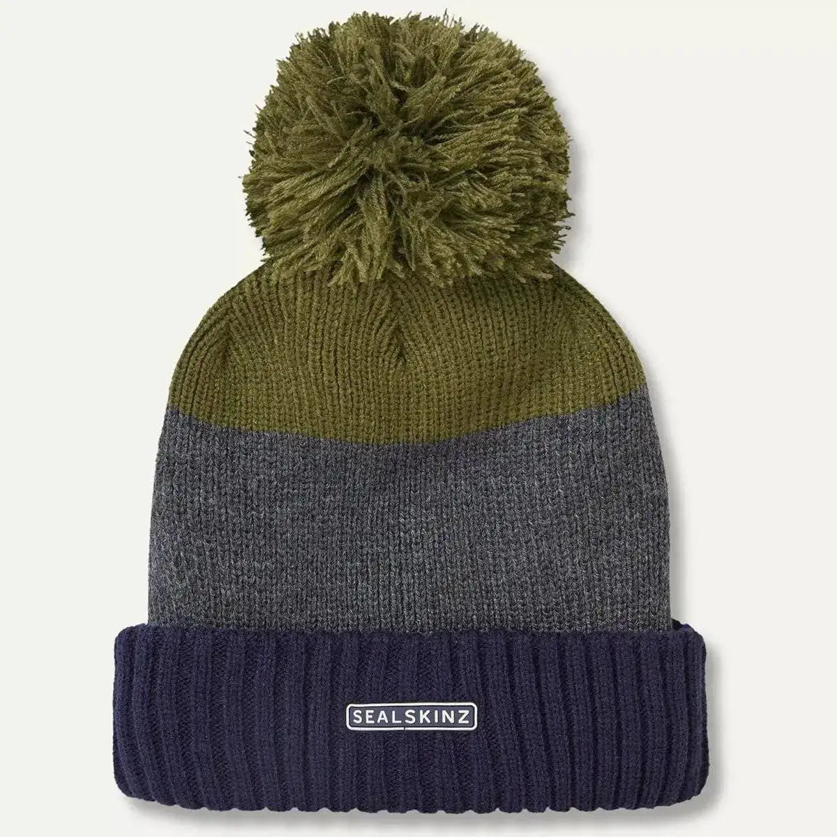 Sealskinz Flitcham Waterproof Fleece Lined Striped Bobble Hat - John Bull Clothing Navy/Grey/Olive from  John Bull Clothing 