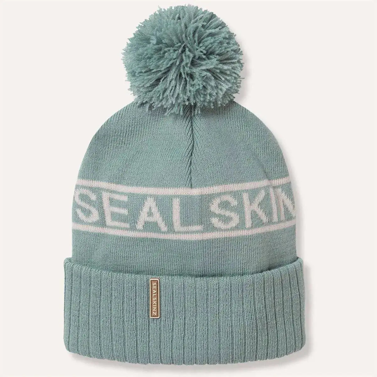 Mint green Sealskinz Heacham Waterproof Cold Weather Icon Bobble Hat with white logo and pom-pom, unisex winter headwear. Light Blue/Cream from  John Bull Clothing 