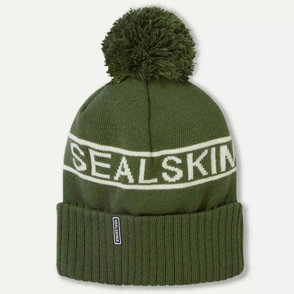 Olive green Sealskinz Heacham Waterproof Cold Weather Icon Bobble Hat with white branding and pom-pom, ideal for outdoor winter wear.  from  John Bull Clothing 