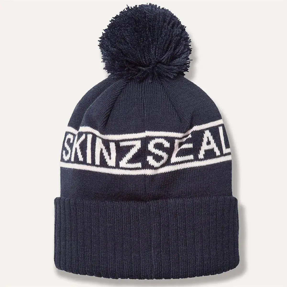 Rear view of navy Sealskinz Heacham Waterproof Cold Weather Icon Bobble Hat with ribbed cuff and bold white logo band.  from  John Bull Clothing 