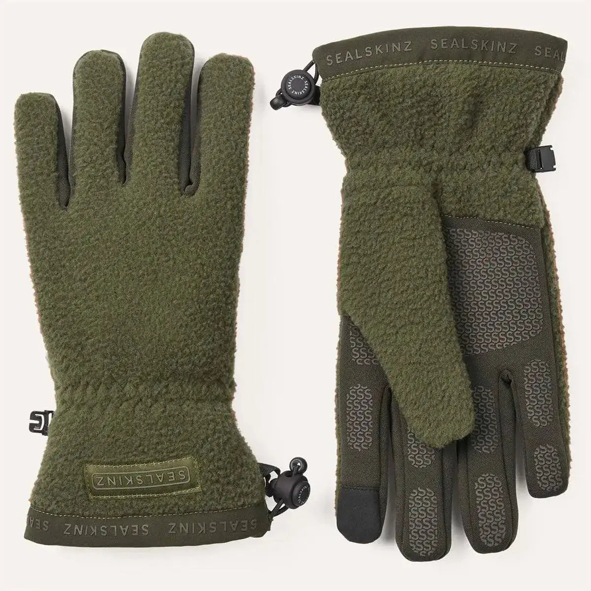 Sealskinz Hoveton Waterproof Sherpa Fleece Glove in green with textured fleece exterior and adjustable wrist toggle for secure fit.  from  John Bull Clothing 