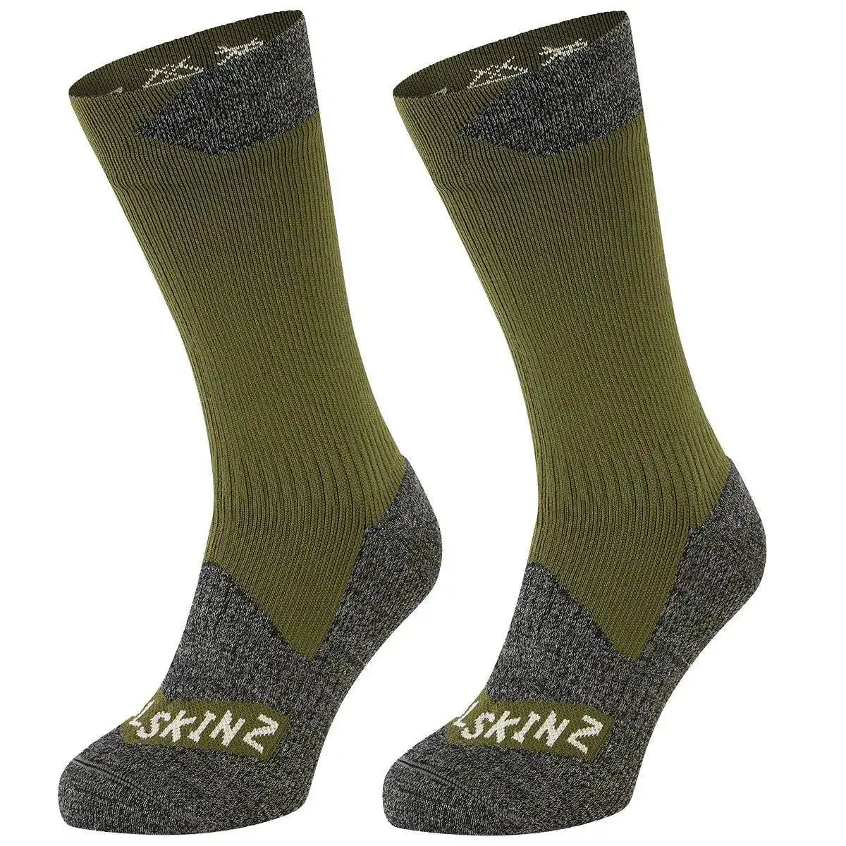 Sealskinz Raynham Waterproof Sock All Weather Mid Length in olive green with reinforced heel and toe, offering durability and weather resistance. Olive Green/Grey Marl from  John Bull Clothing 
