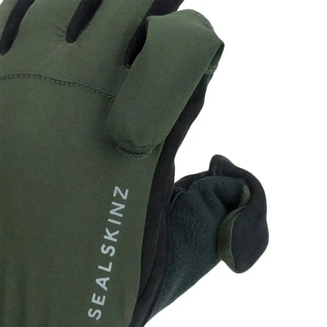 Close-up of Sealskinz Stanford Waterproof All Weather Sporting Glove highlighting the foldable trigger finger and durable stitching for outdoor performance.  from  John Bull Clothing 