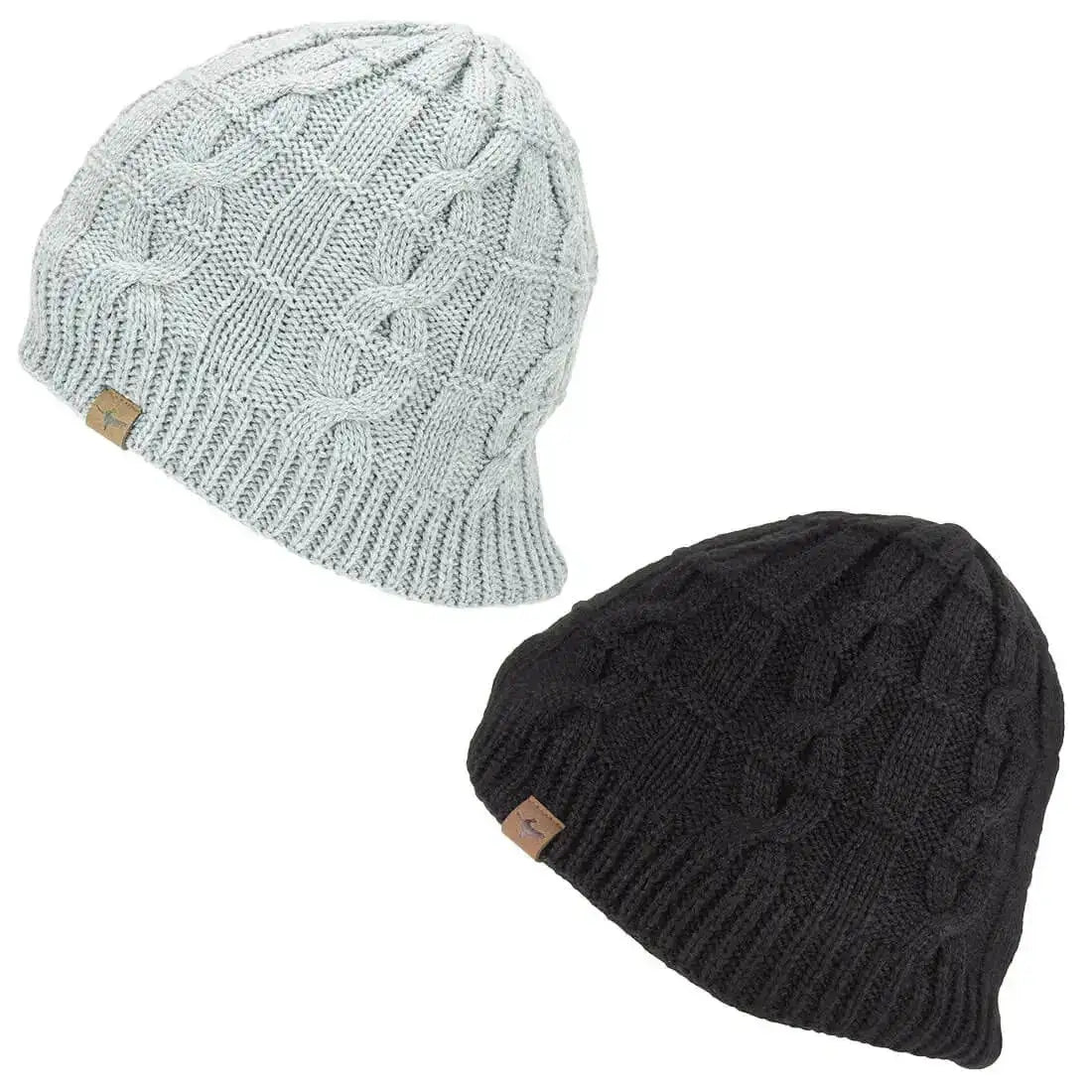 Sealskinz Waterproof Cold Weather Cable Knit Beanie in black and light gray. Stylish, warm, and waterproof, perfect for cold and damp conditions.  from  John Bull Clothing 