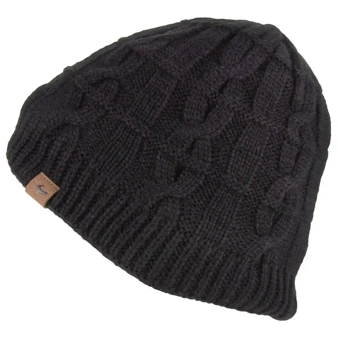 Black Sealskinz Waterproof Cold Weather Cable Knit Beanie with a ribbed brim and cable knit design. Ideal for warmth and protection in wet weather. Black from  John Bull Clothing 