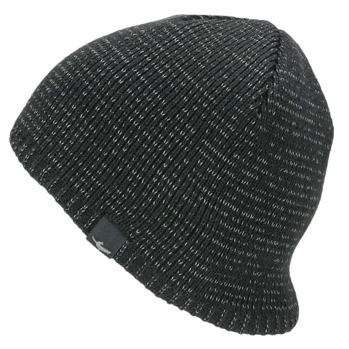 Sealskinz Waterproof Cold Weather Reflective Beanie Hat in black with reflective stitching. A warm and waterproof knit hat designed for outdoor activities.  from  John Bull Clothing 