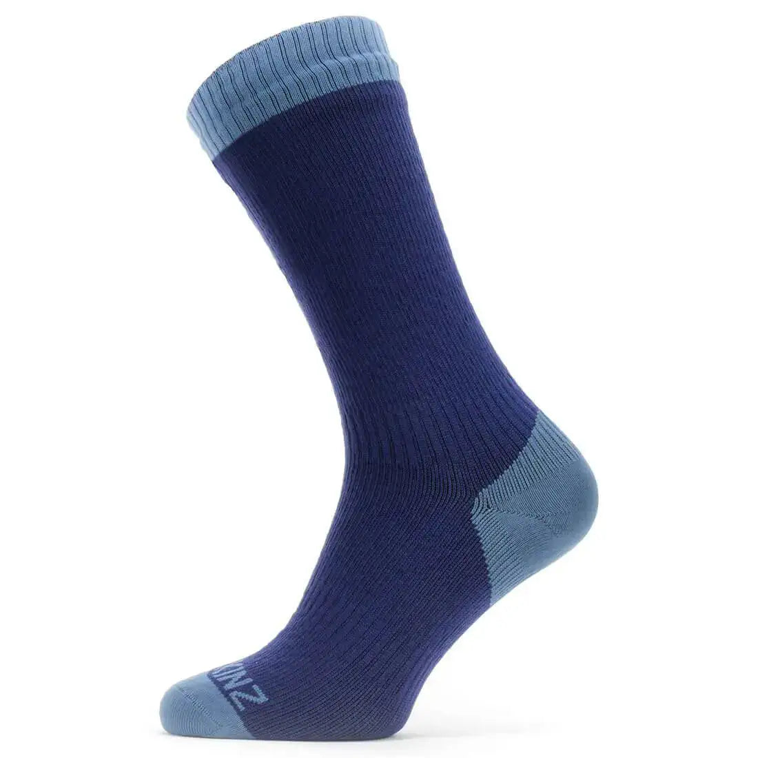 Sealskinz Waterproof Warm Weather Mid Length Sock in navy with a light blue cuff and heel. Breathable and waterproof design for comfort in warm conditions. Blue from  John Bull Clothing 