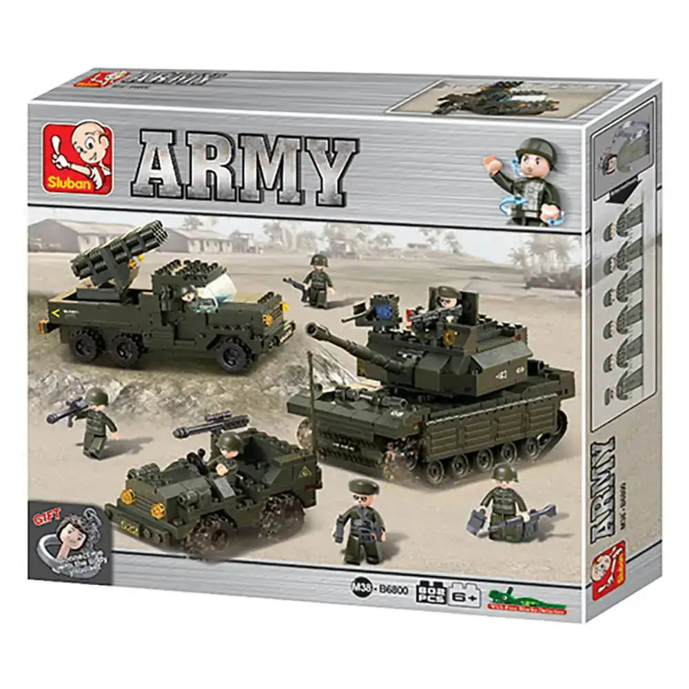 Sluban Army Land Forces Set M38-B6800 packaging displaying military vehicles and soldier figures, a fun construction toy for kids aged 6 and up.  from  John Bull Clothing 