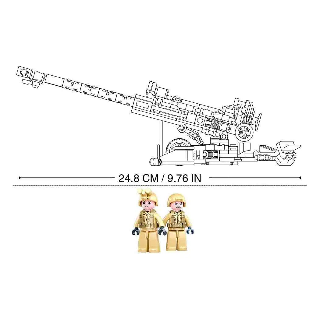 Dimensions of the Sluban Army M777 Howitzer Set M38-B0890, measuring 24.8 cm in length, with two included soldier mini-figures for scale reference.  from  John Bull Clothing 