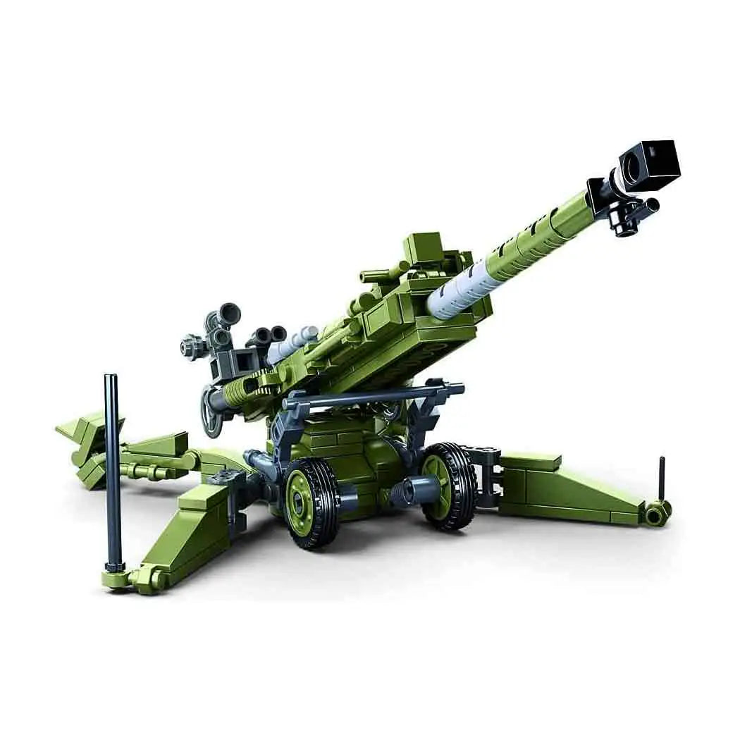 Close-up of the Sluban Army M777 Howitzer Set M38-B0890, showcasing the realistic artillery cannon with intricate mechanical details and sturdy base.  from  John Bull Clothing 