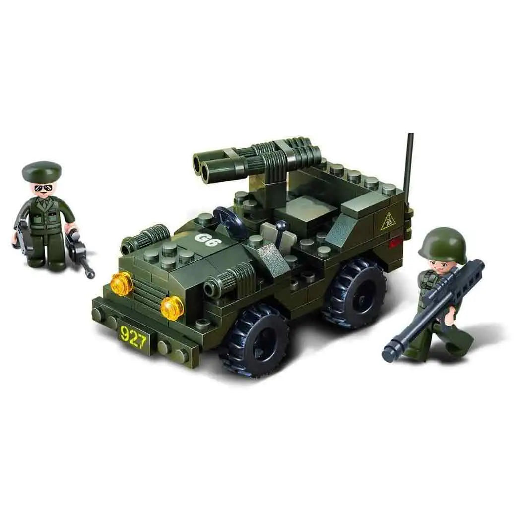 Sluban Army Off-Road Jeep Set M38-B5800 with two soldier mini-figures and weapon accessories. A military-themed construction toy for kids.  from  John Bull Clothing 
