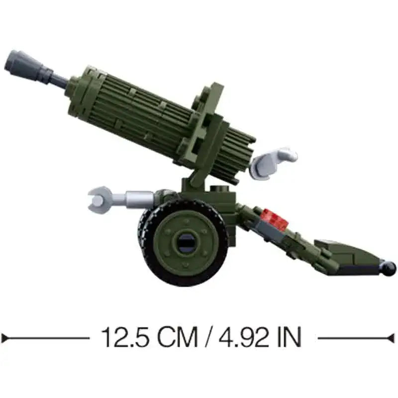 Side view of the Sluban Army WWII Anti Aircraft Gun Set showing its 12.5 cm length, detailed artillery design, and movable components.  from  John Bull Clothing 
