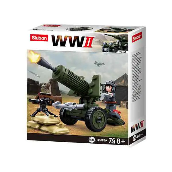 Sluban Army WWII Anti Aircraft Gun Set packaging displaying the assembled model, battlefield background, and recommended age of 6+.  from  John Bull Clothing 