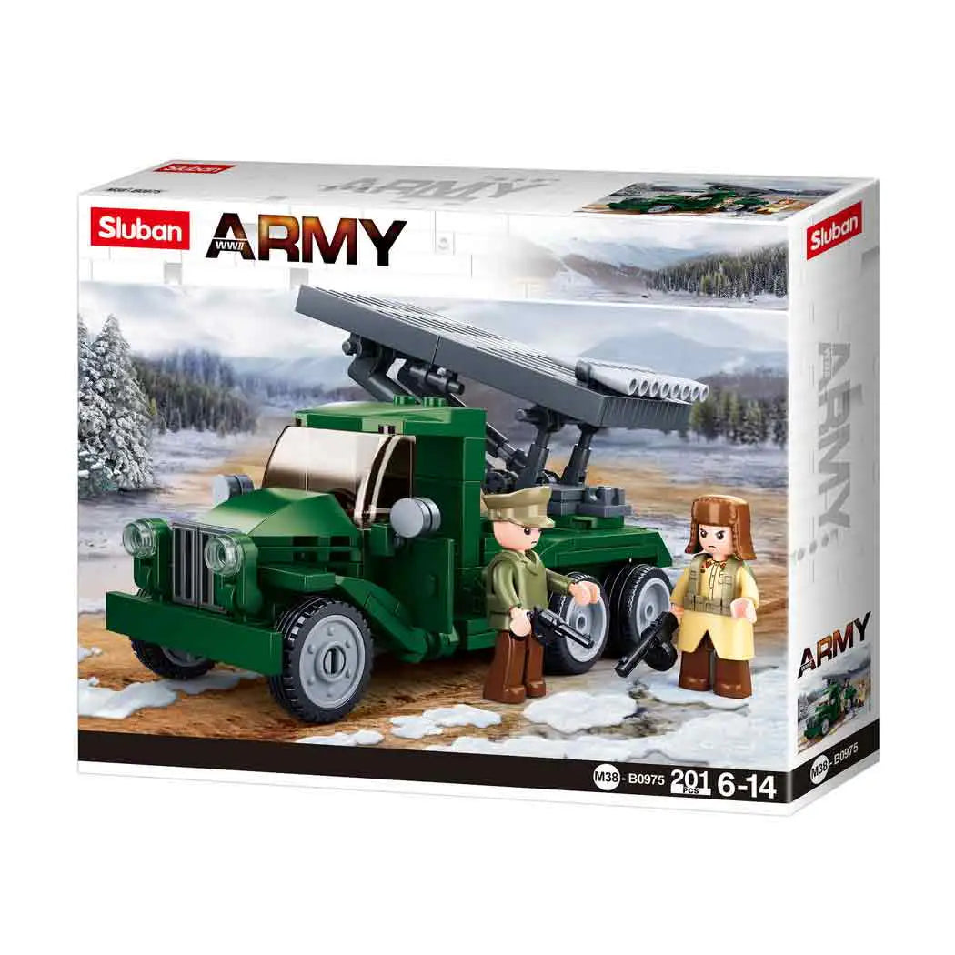 Box packaging of Sluban Battle of Budapest Russian Rocket Launcher Set M38-B0975, featuring Army series branding and snowy battlefield background.  from  John Bull Clothing 