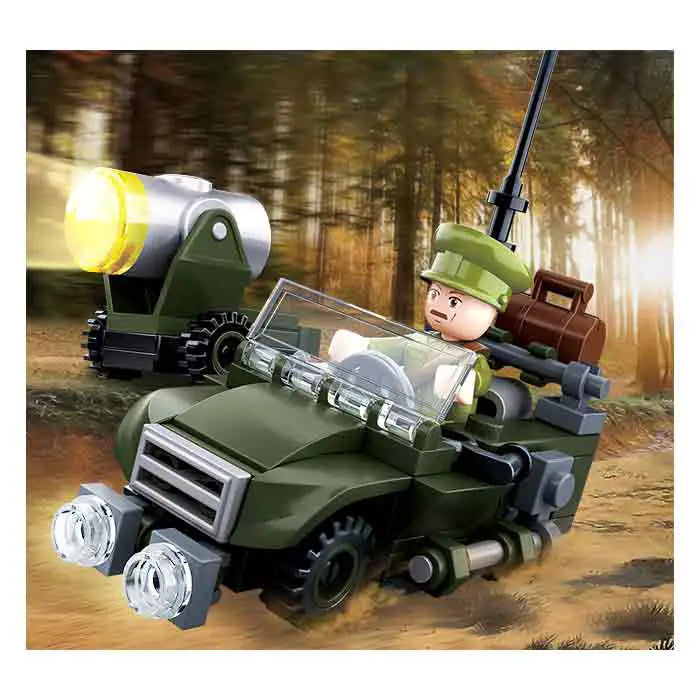 Sluban WWII Allied Off-Road Jeep set displayed in a forest background. The military jeep and soldier mini-figure enhance the historical play experience.  from  John Bull Clothing 