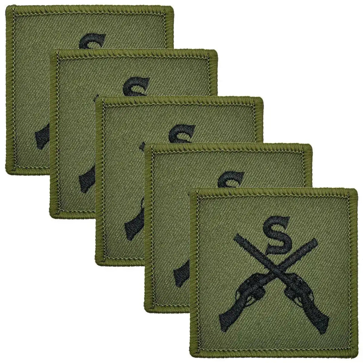 Set of five Sniper Trade TRF - Iron On Patches | John Bull Clothing with green background and black sniper insignia, suitable for military uniform application. 5 Pack from  John Bull Clothing 
