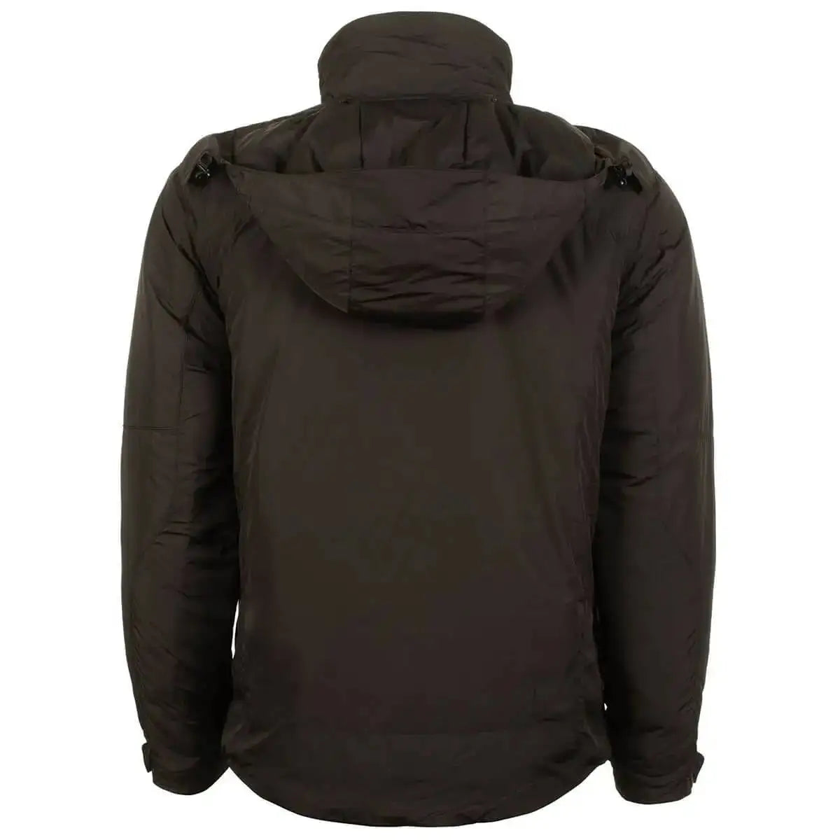 Back view of Snugpak Arrowhead Insulated Jacket Black featuring a water-repellent hood. Durable outerwear for hiking and cold weather use.  from  John Bull Clothing 