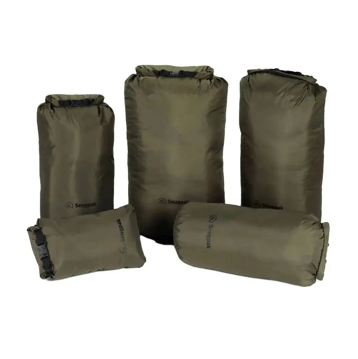 Set of five Snugpak Dri-Sak Waterproof Dry Bags in olive green, ideal for keeping belongings dry during outdoor activities and travel.  from  John Bull Clothing 